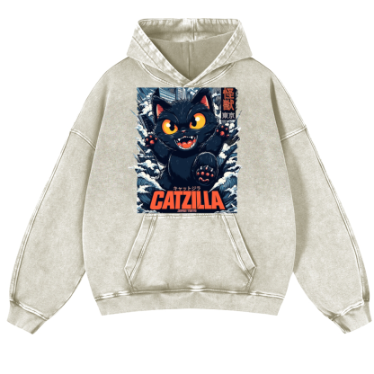 Catzilla Cat Godzilla Vintage Washed Thick Cotton Hoodie