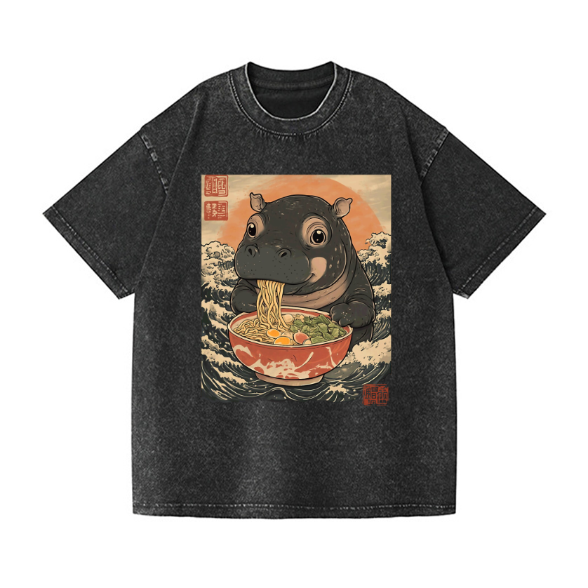 Ramen Hippo Ukiyoe Wave Vintage Wash Japanese Design T-Shirt