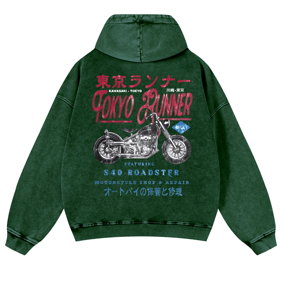 Kawasaki Motorcycle Vintage Washed Cotton Back Art Hoodie