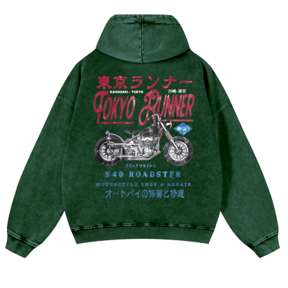 Kawasaki Motorcycle Vintage Washed Cotton Back Art Hoodie