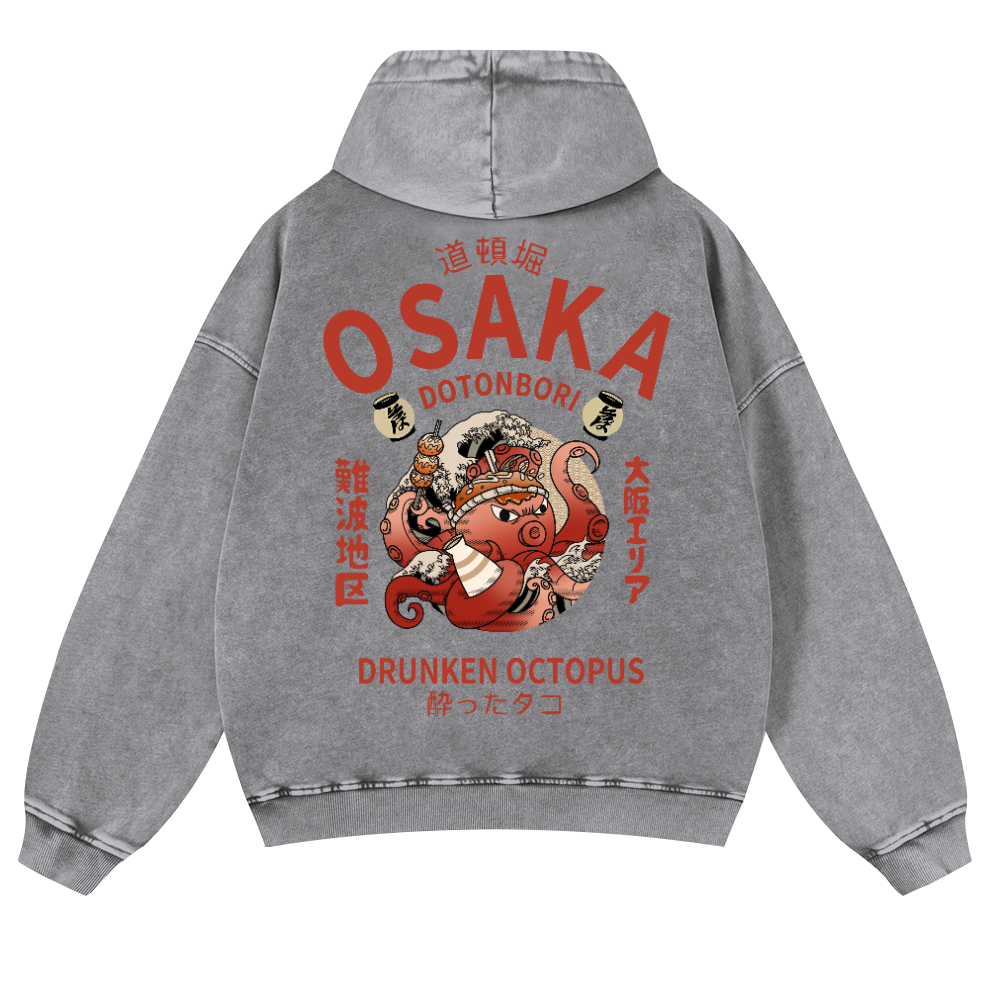 Osaka Dotonbori Drunken Octopus Vintage Washed Cotton Back Art Hoodie