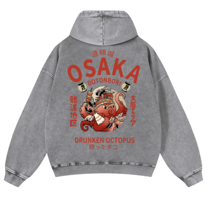 Osaka Dotonbori Drunken Octopus Vintage Washed Cotton Back Art Hoodie