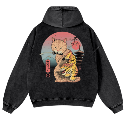 Japanese themed Cat Tiger Illustration Vintage Washed Cotton Back Art Hoodie