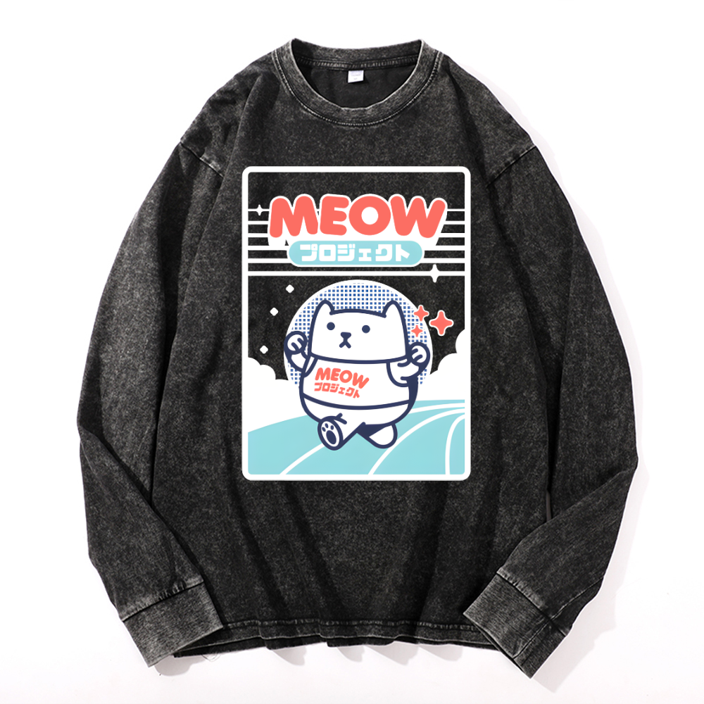 Meow Cat Vintage Cotton Wash Crewneck Sweatshirt