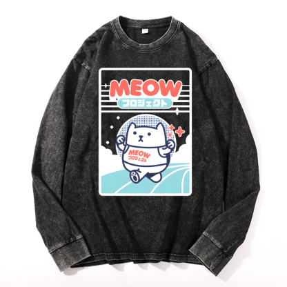 Meow Cat Vintage Cotton Wash Crewneck Sweatshirt