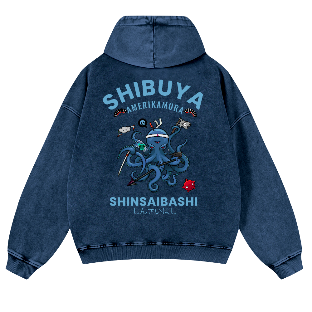 Shibuya Octopus Vintage Washed Cotton Back Art Hoodie
