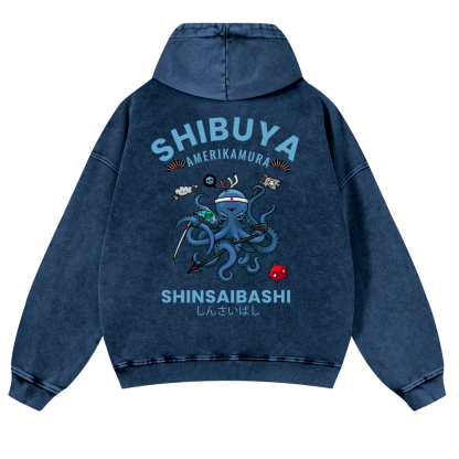 Shibuya Octopus Vintage Washed Cotton Back Art Hoodie