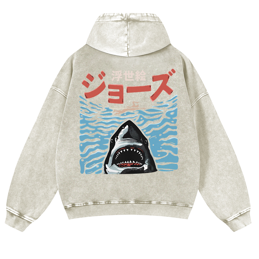 Ukiyoe Jaws Shark Vintage Washed Cotton Back Art Hoodie