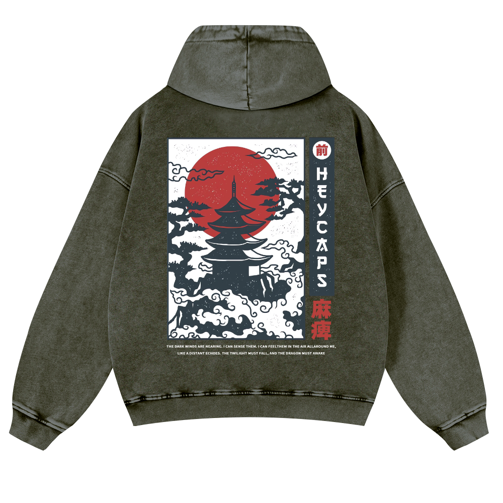 Japanese Tower Vintage Washed Cotton Back Art Hoodie