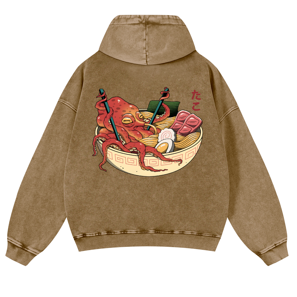 Ramen Octopus Vintage Washed Cotton Back Art Hoodie