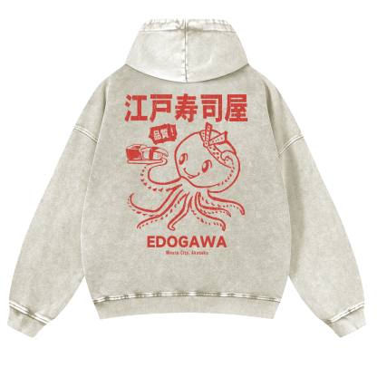 Edogawa  Octopus Vintage Washed Cotton Back Art Hoodie