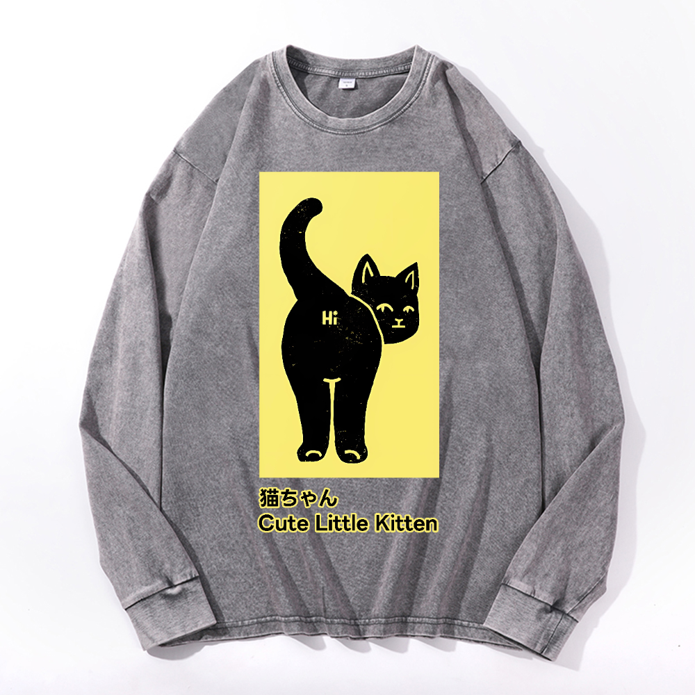 Cute Little Kitten Black Cat Vintage Cotton Wash Crewneck Sweatshirt