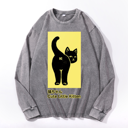 Cute Little Kitten Black Cat Vintage Cotton Wash Crewneck Sweatshirt