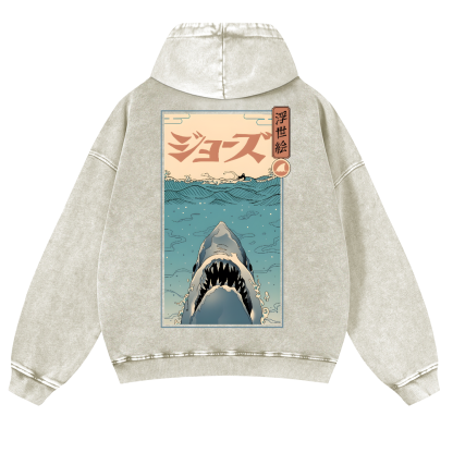 Shark Ukiyoe Vintage Washed Cotton Back Art Hoodie
