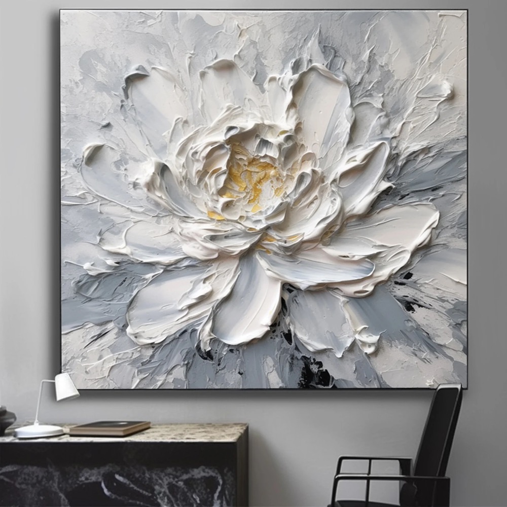 Flower abstract painting/Large Abstract shops painting/White Abstract painting/Grey Oil painting on canvas /Large 3D texture abstract painting