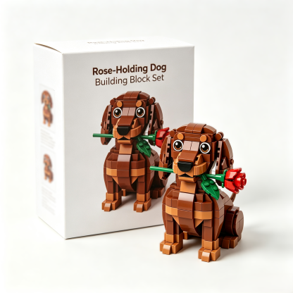 Rose-Holding Dog Building Block Set
