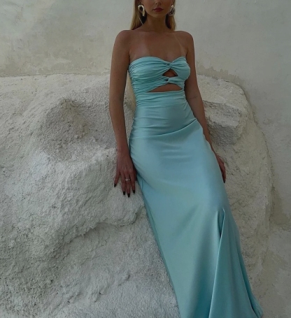 Strapless Tiffany Blue Sheath Long Prom Dresses