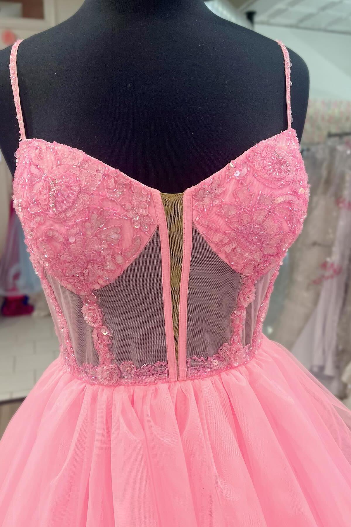 Pink Corset Tulle Ruffles A-line Formal Prom Dress