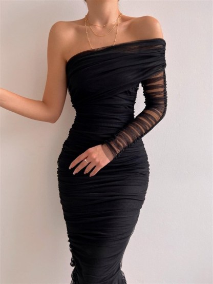 One Shoulder Black Dress Black Draped Dress Party Dress Black Formal Dress  Pencil Cocktail Dress  Evening Dress with One Sleev