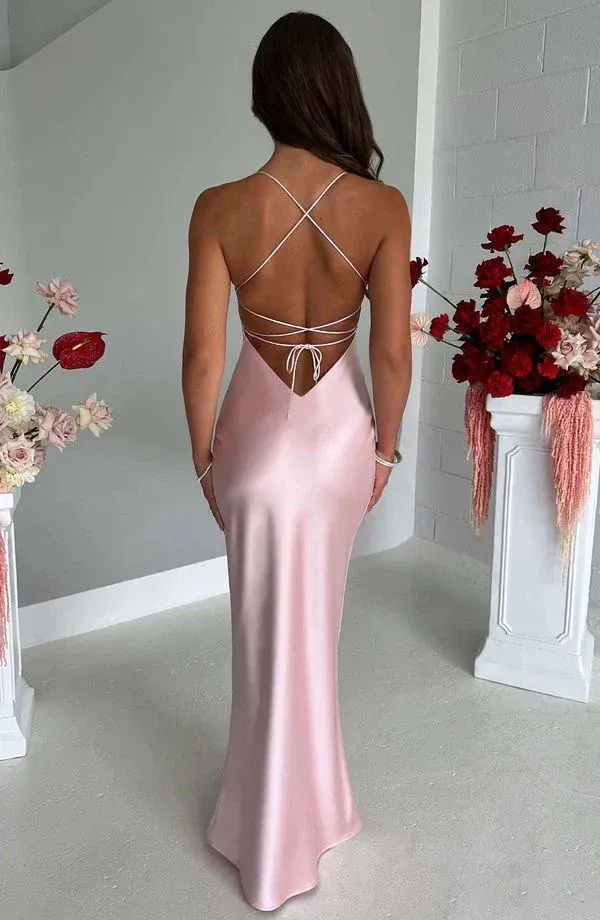 Halter Neck Pink Prom Dresses Sheath Satin Evening Dress