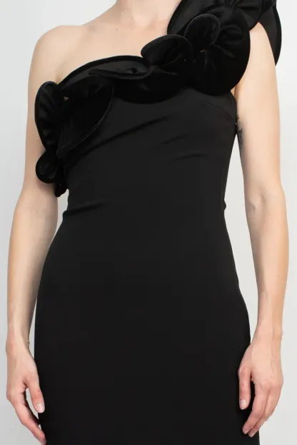 Alberto Makali One Shoulder Sleeveless Floral Shoulder Bodycon Solid Scuba Prom Dress