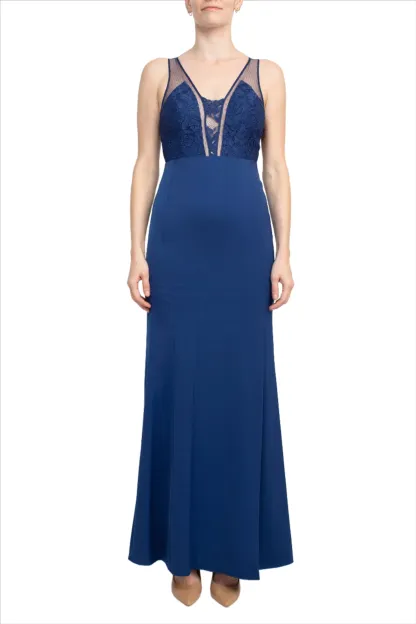 V-Neck Sleeveless Zipper Back Illusion Floral Embroidered Prom Dress