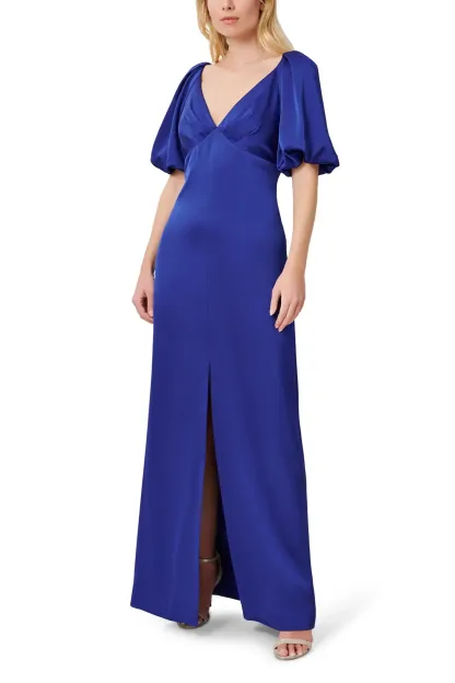 V- Neck Back Zipper Pleated Shoulders Short Sleeves Front Slit Opening Long Satin Dress