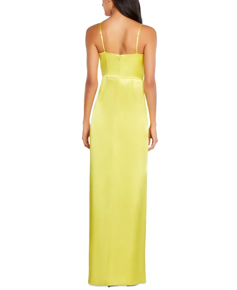 V-Neck Sleeveless Draped Front Slit Front Solid Zipper Back Satin Dress