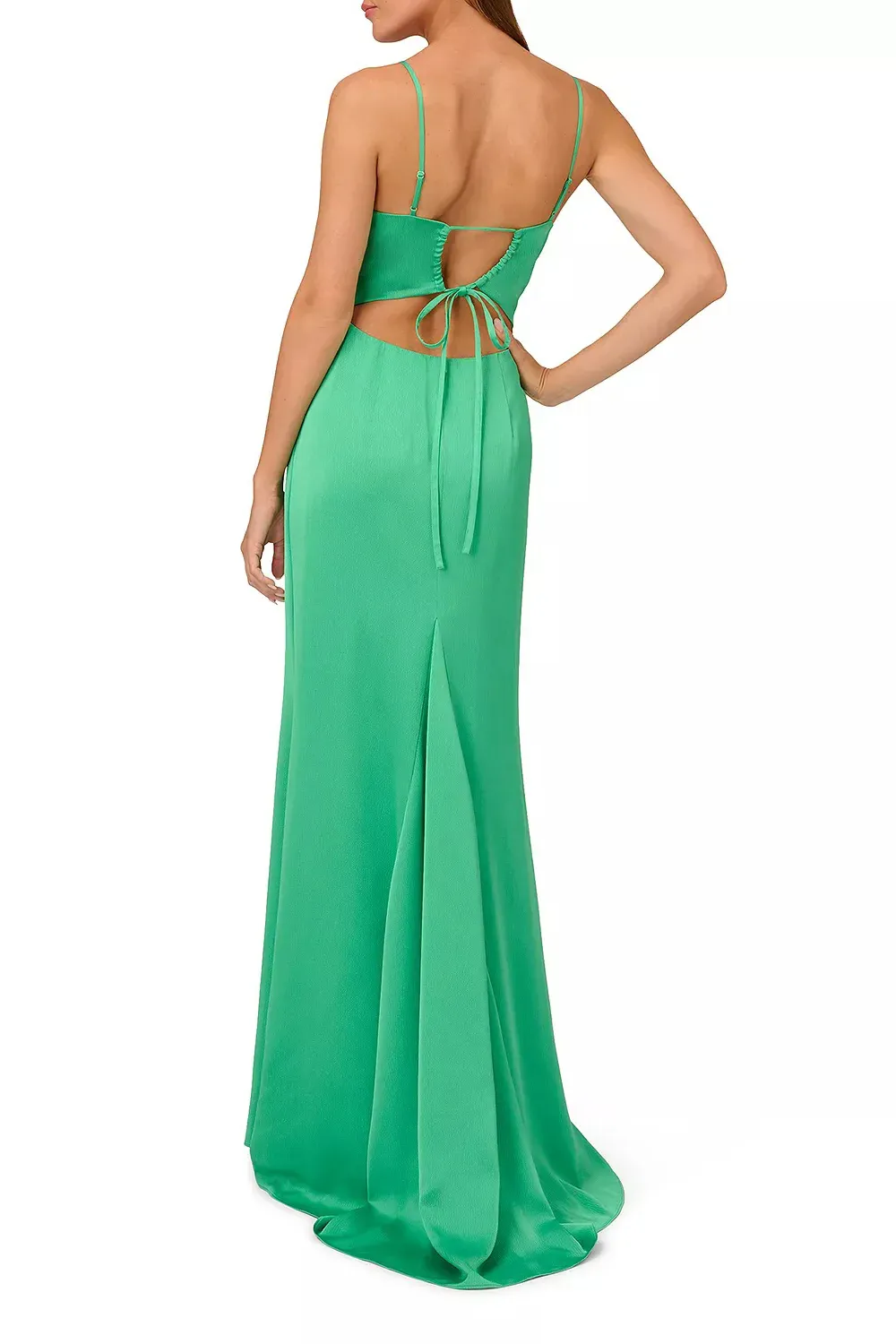 Adjustable spaghetti strap tie back V-neck zipper closure textured satin gown