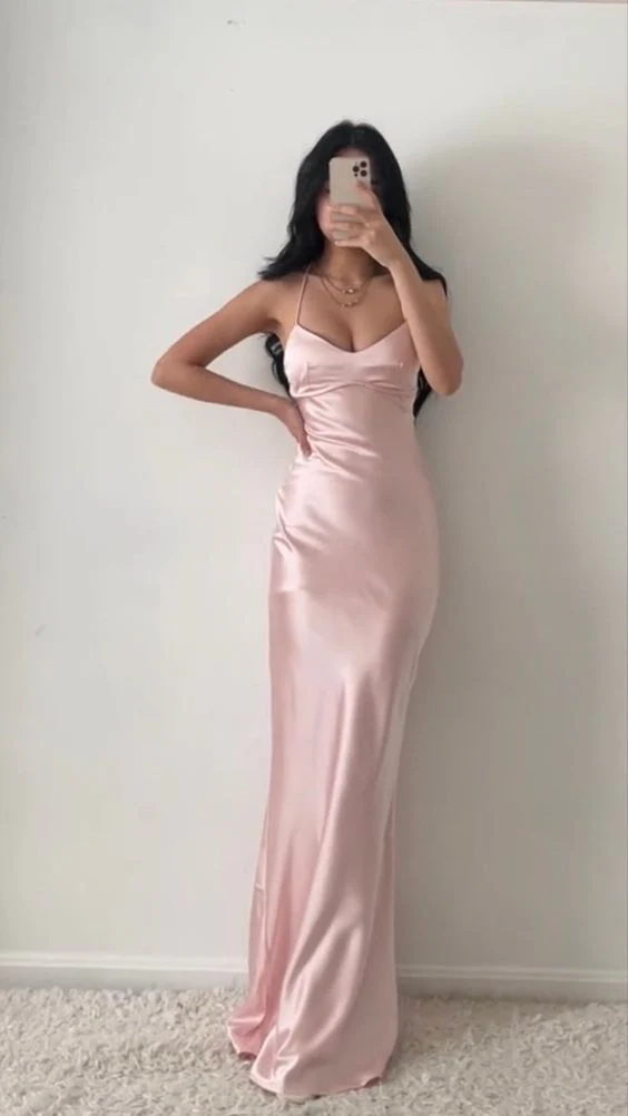 Halter Neck Pink Prom Dresses Sheath Satin Evening Dress