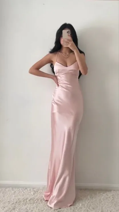 Halter Neck Pink Prom Dresses Sheath Satin Evening Dress