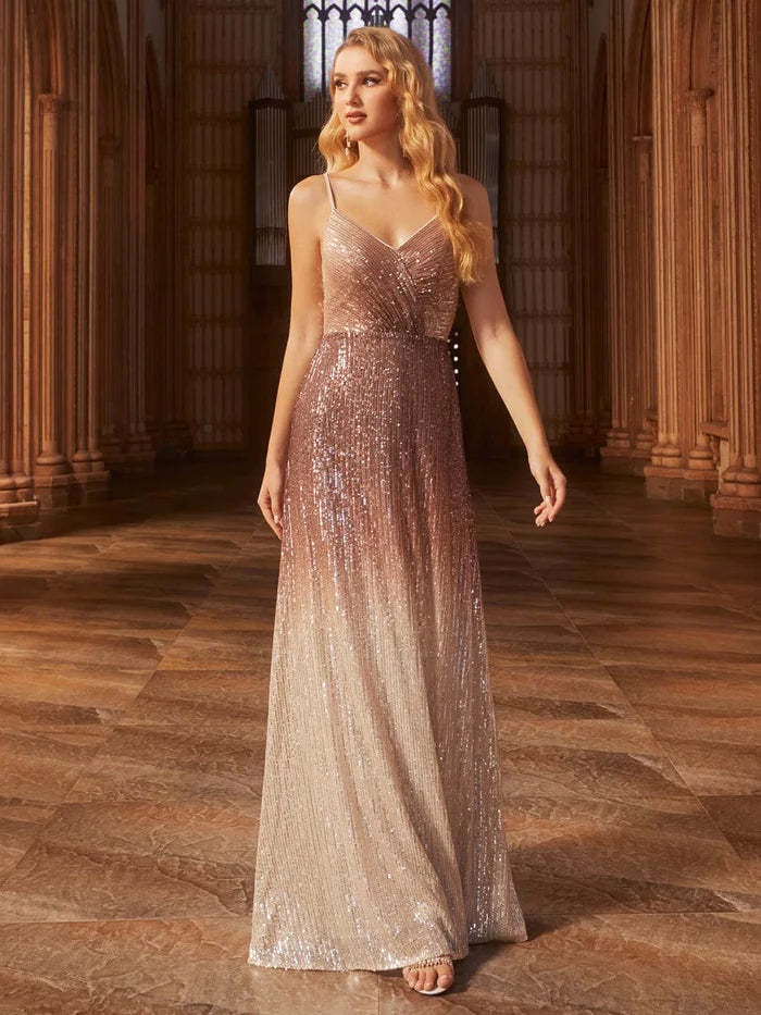 Gradient Sequin Spaghetti Strap V-Neck Long Evening Dress