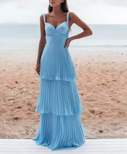 A-Line Pleated Blue Prom Dress Formal Party Dress