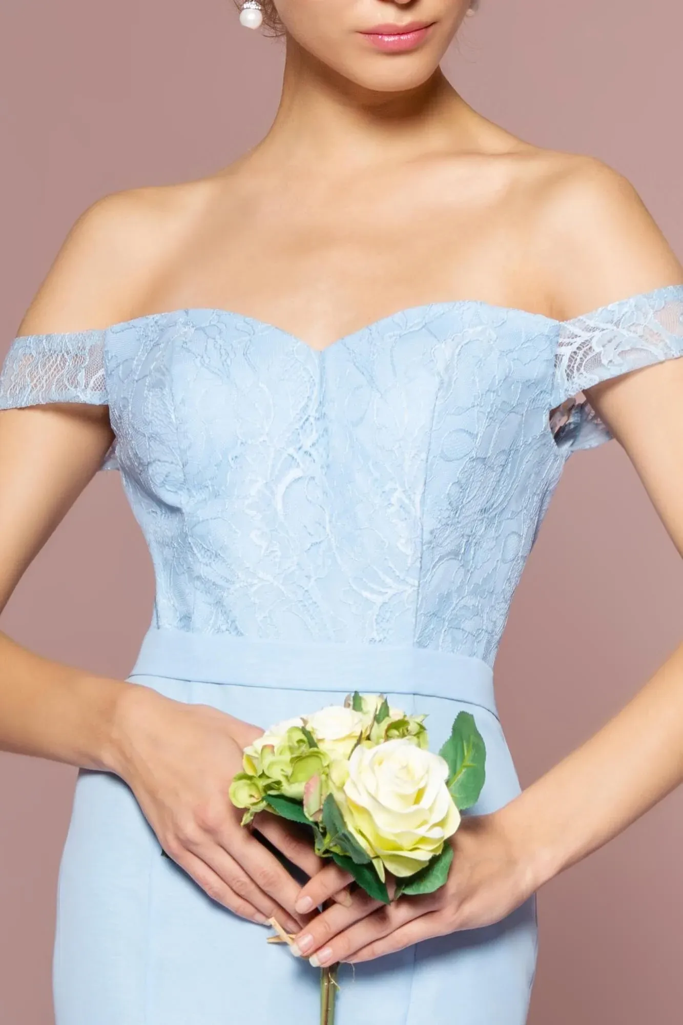 Baby Blue A-Line Off the Shoulder Long Prom Dress with Floral Tail Style on Upper Body