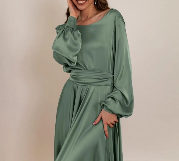 Sage Green Open Back Party Dress Elegant Formal Long Sleeve Evening Gown