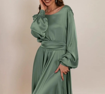Sage Green Open Back Party Dress Elegant Formal Long Sleeve Evening Gown