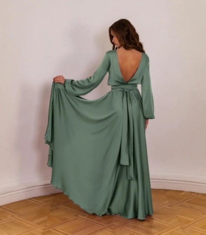 Sage Green Open Back Party Dress Elegant Formal Long Sleeve Evening Gown