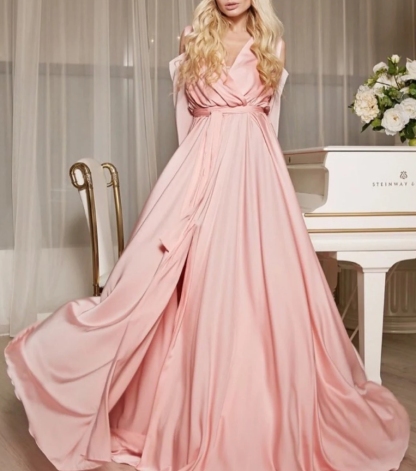Pink Satin Dress Cold Shoulders Long Maxi Dress Long Sleeve Cocktail dress Party Dress