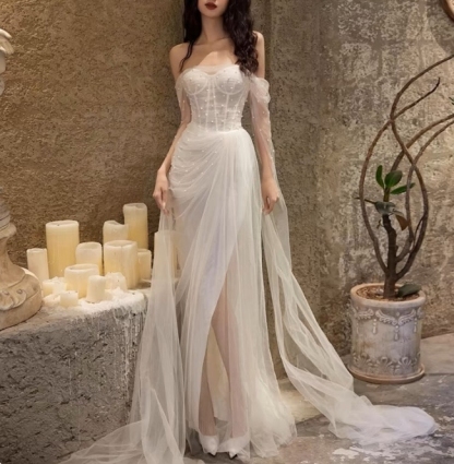 Off The Shoulder White A Line beaded Wedding Dress