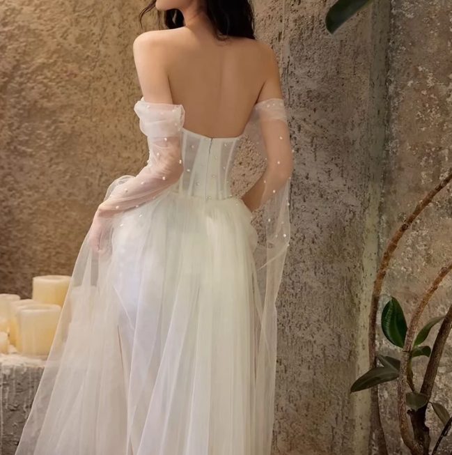 Off The Shoulder White A Line beaded Wedding Dress