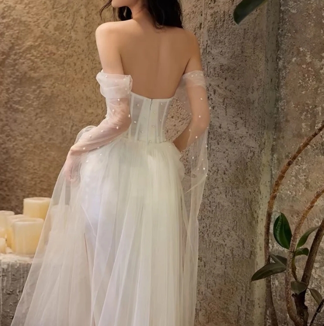 Off The Shoulder White A Line beaded Wedding Dress