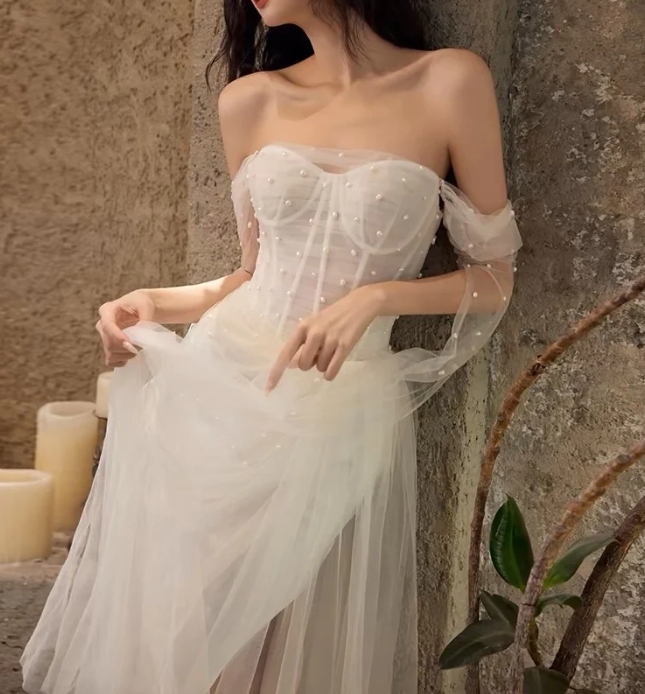 Off The Shoulder White A Line beaded Wedding Dress