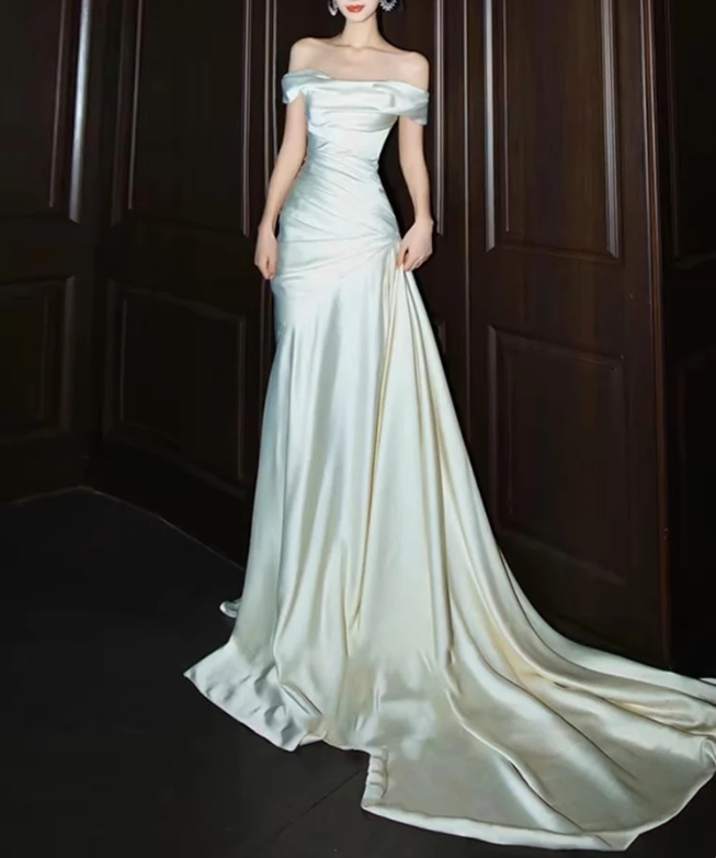 Off The Shoulder White Long Prom Dress Wedding Dress