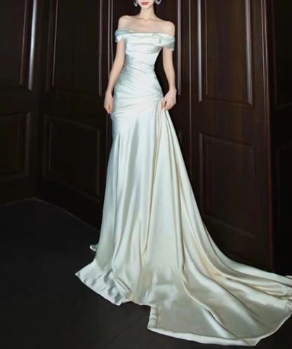Off The Shoulder White Long Prom Dress Wedding Dress