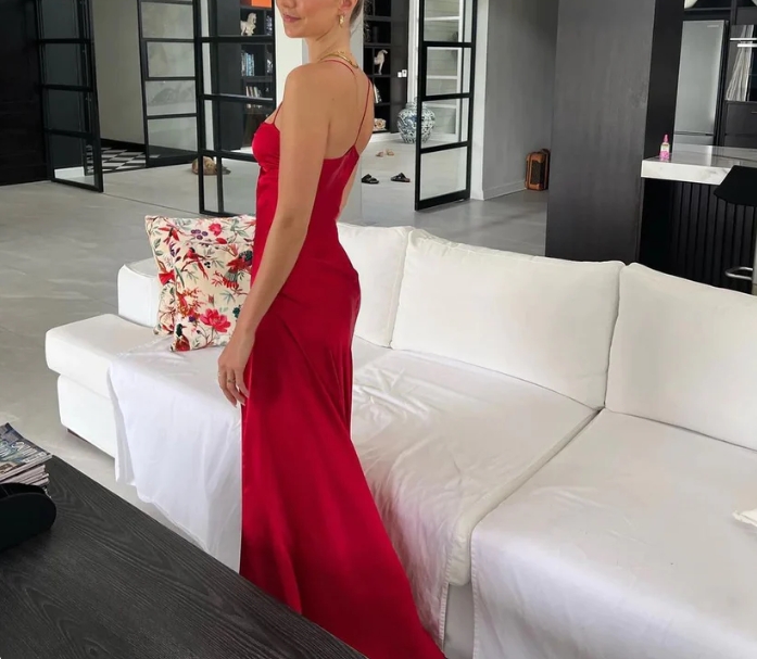 Spaghetti Straps Red Sheath Long Prom Dresses With Slit