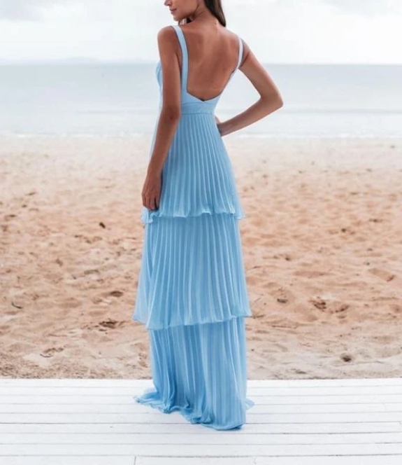A-Line Pleated Blue Prom Dress Formal Party Dress