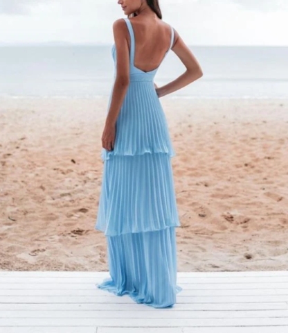 A-Line Pleated Blue Prom Dress Formal Party Dress