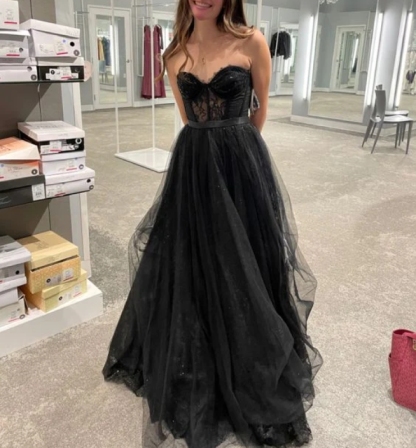 A Line Tulle Prom Dress Black Lace Evening Gown