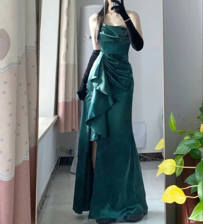 Green Long Satin Prom Dresses Evening Birthday Outfits