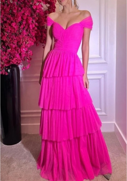 Hot Pink Off The Shoulder Prom Dresses Long Evening Gowns